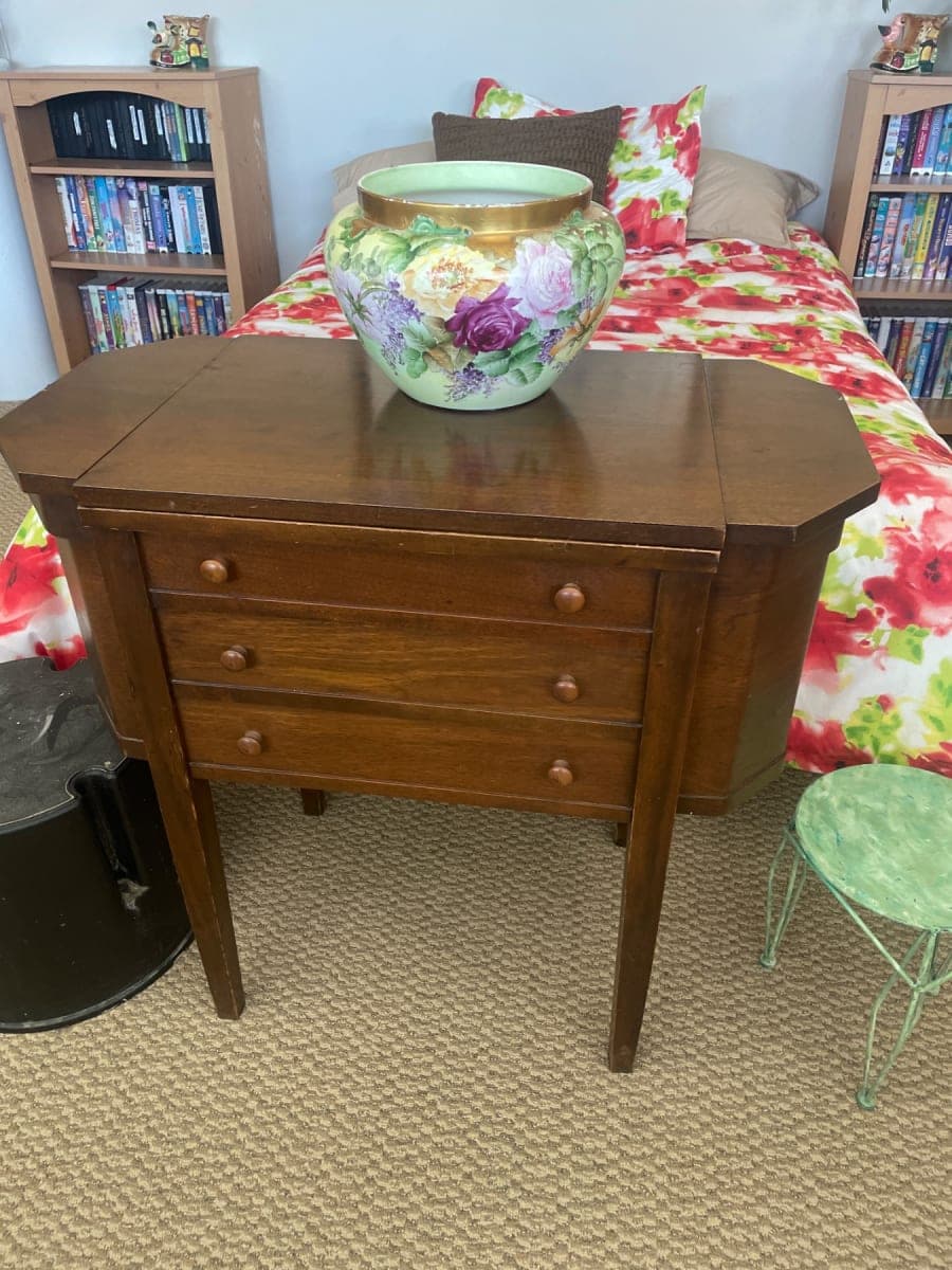 Martha Washington Antique Walnut Sewing Table with Drop Leaves