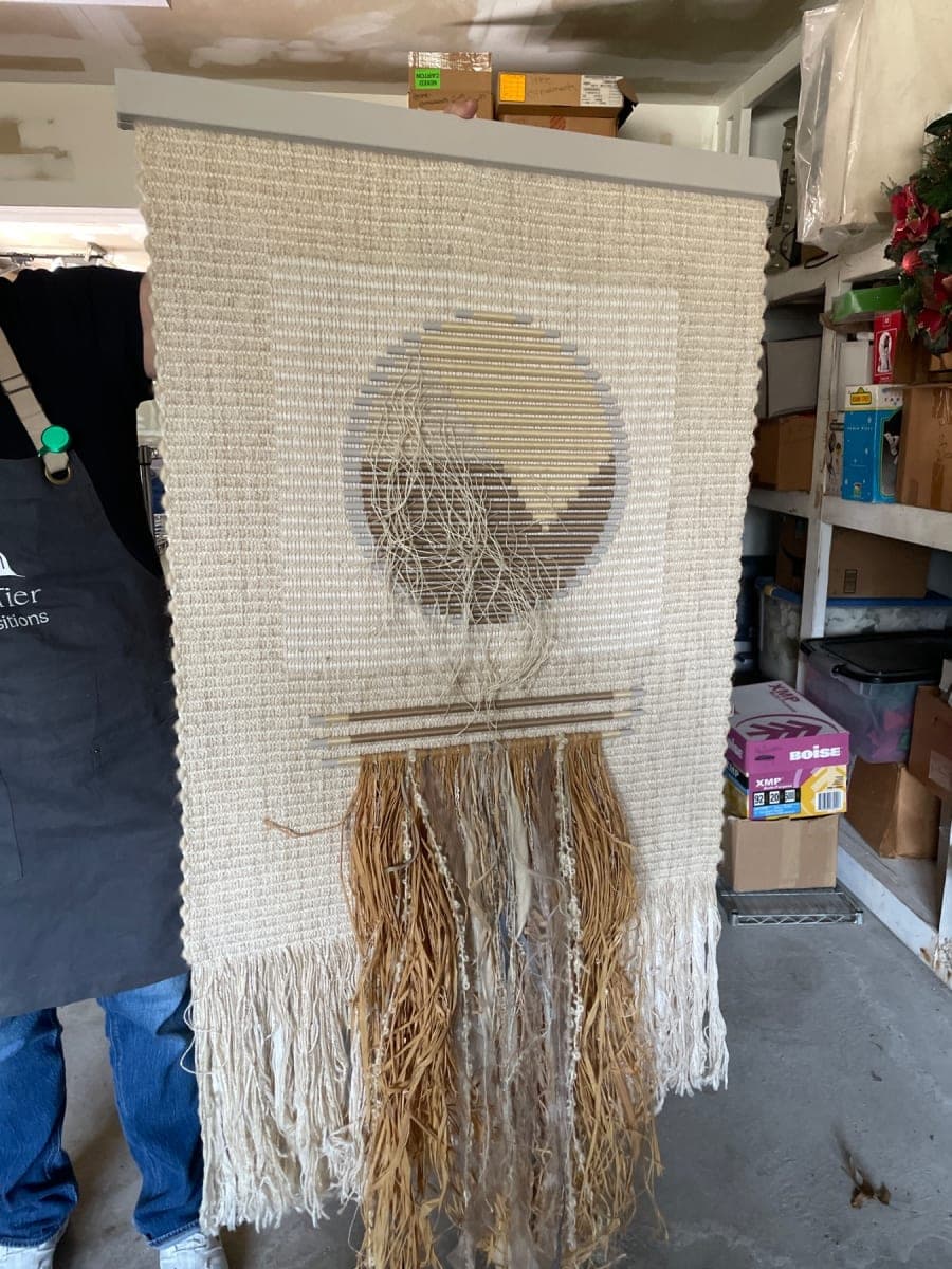 Holly Kenny Handwoven Fiber Art Wall Hanging with Fringe & Circle Motif