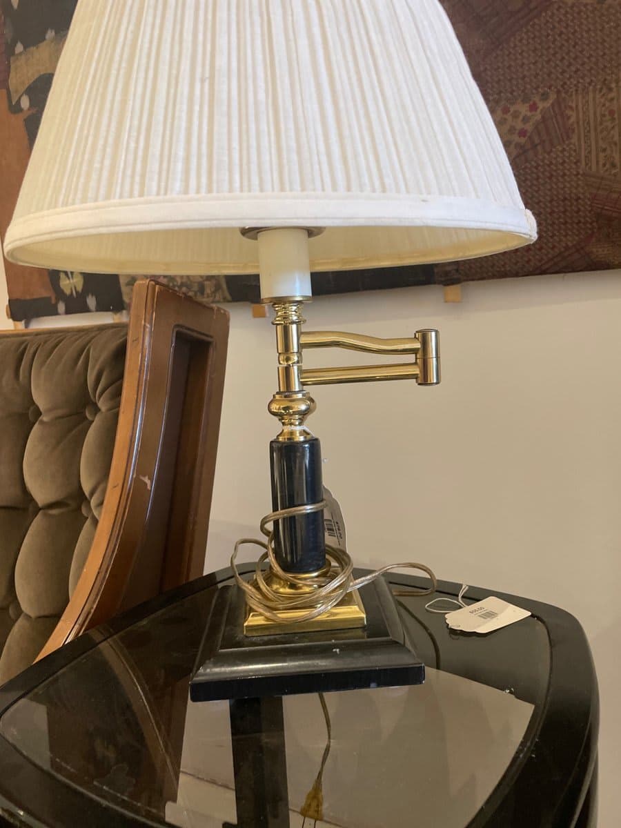 Stiffel Vintage Brass Swing-Arm Table Lamp with Black Column & White Pleated Shade