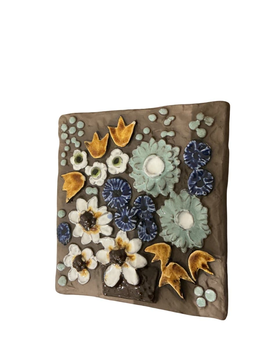 Ceramic Wall Tile Jie Gantofta Floral Plaque by Annika Kihlman, 1970, Sweden, Vintage Art Handmade Clay