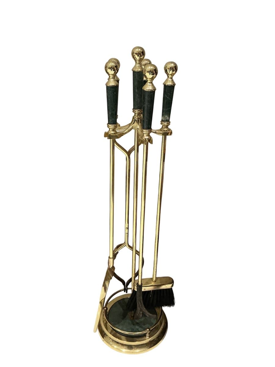 Brass & Green Marble Fireplace Tool Set with Stand - photo 1