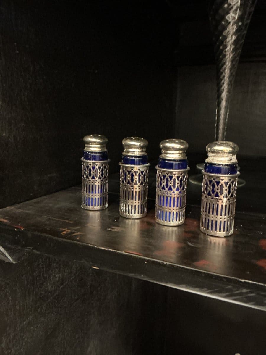 Cobalt Blue Glass Salt & Pepper Shakers with Silver Overlay Filigree Cages - Set of 4 - photo 1