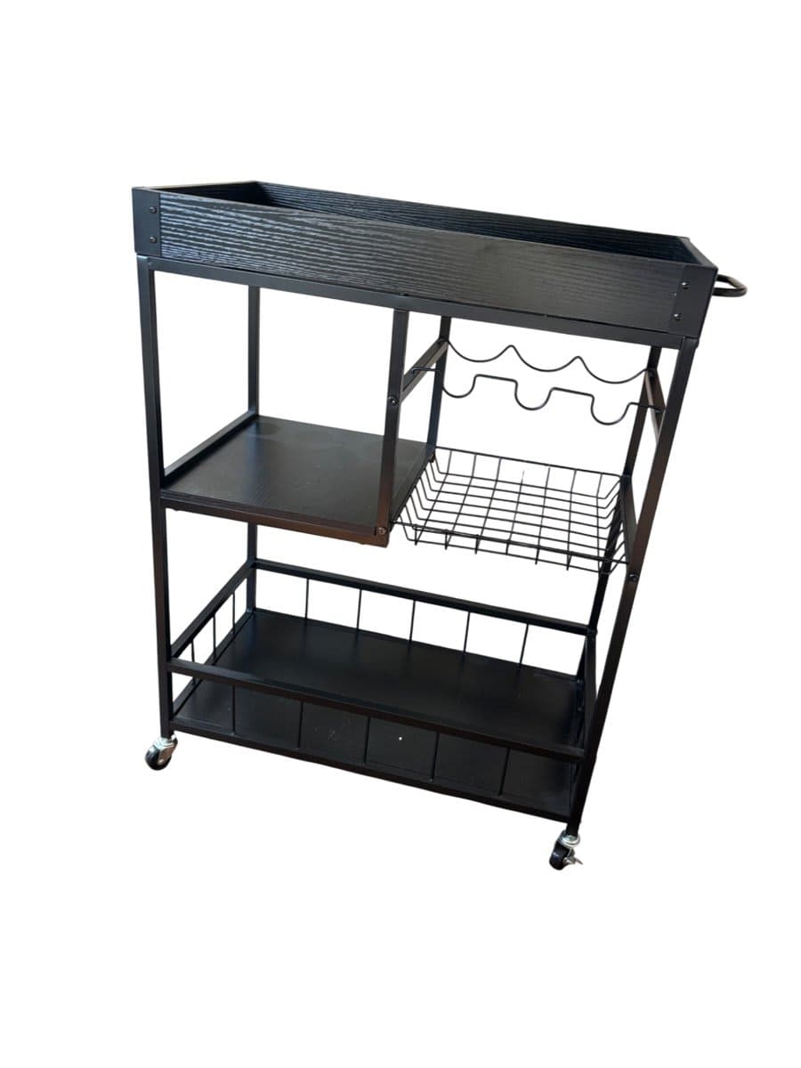 Black Metal & Wood Bar Cart with Wine Rack - photo 1