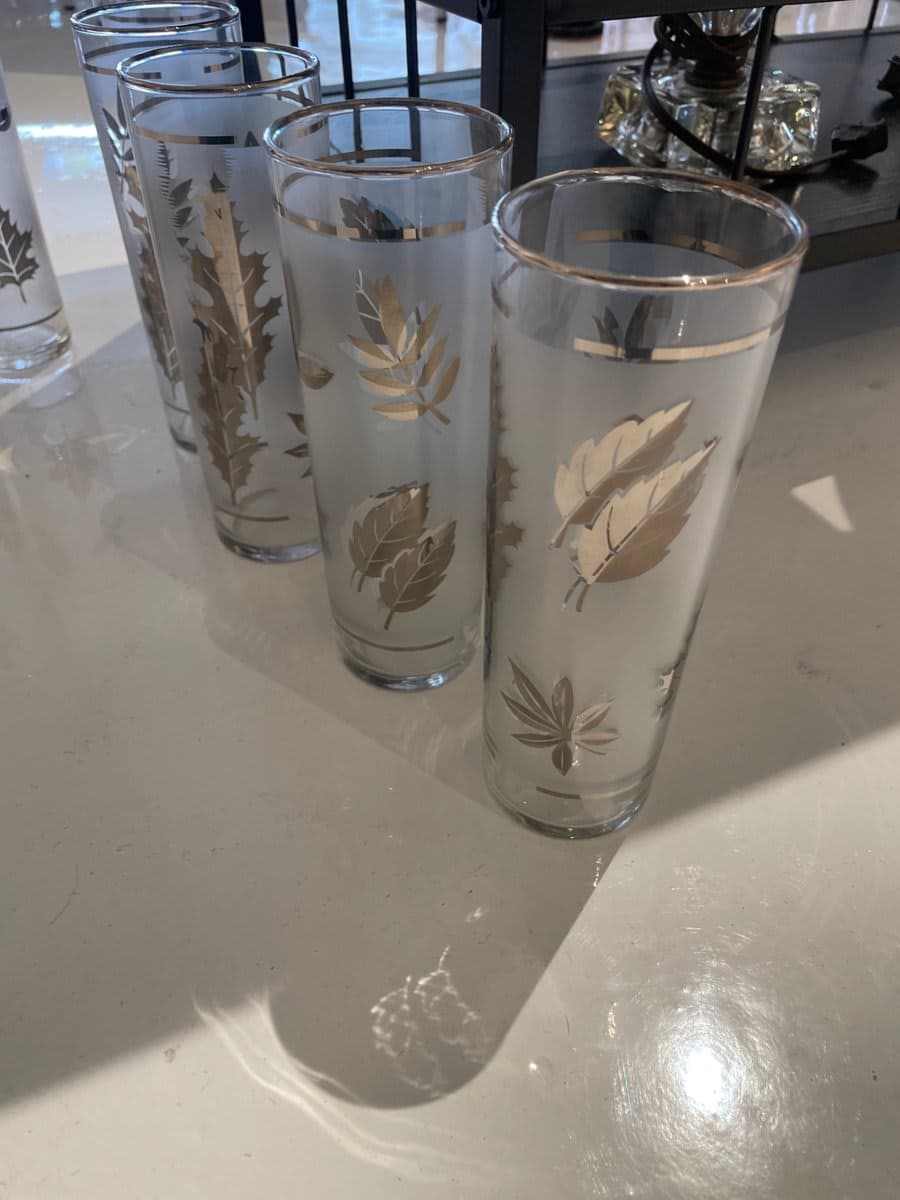 4 tall mcm silver leaves glasss