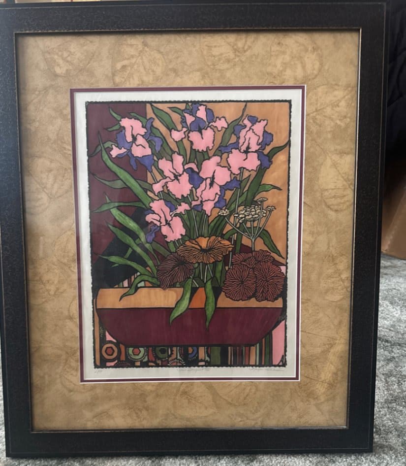 Iris Bouquet linocut framed signed