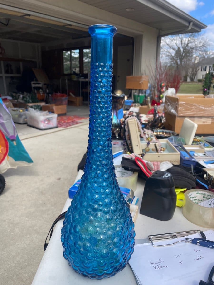 VTG MCM Empoli Blue Glass Textured Genie Bottle Decanter Italy EUC Boho Bubble