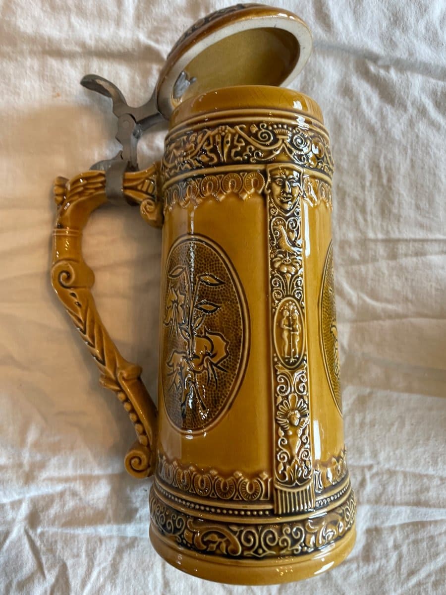 German Ceramic Beer Stein with Pewter Lid