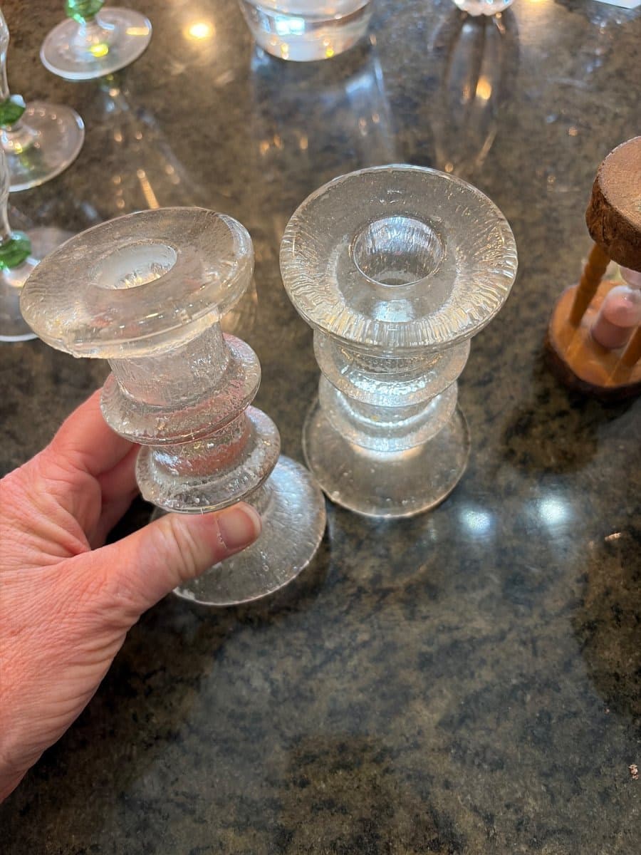 Iittala Festivo Style Clear Crackle Glass Candlestick Holders - Pair