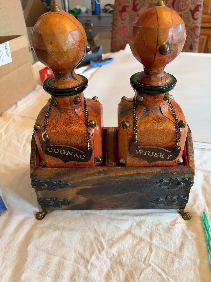 Leather-Wrapped Cognac & Whisky Decanter Set in Brass-Fitted Caddy