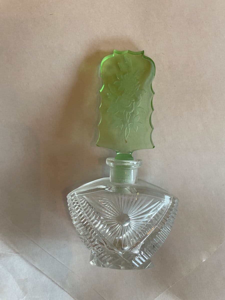 Antique Czech Bohemian Cut Crystal Perfume Bottle with Uranium Glass Stopper