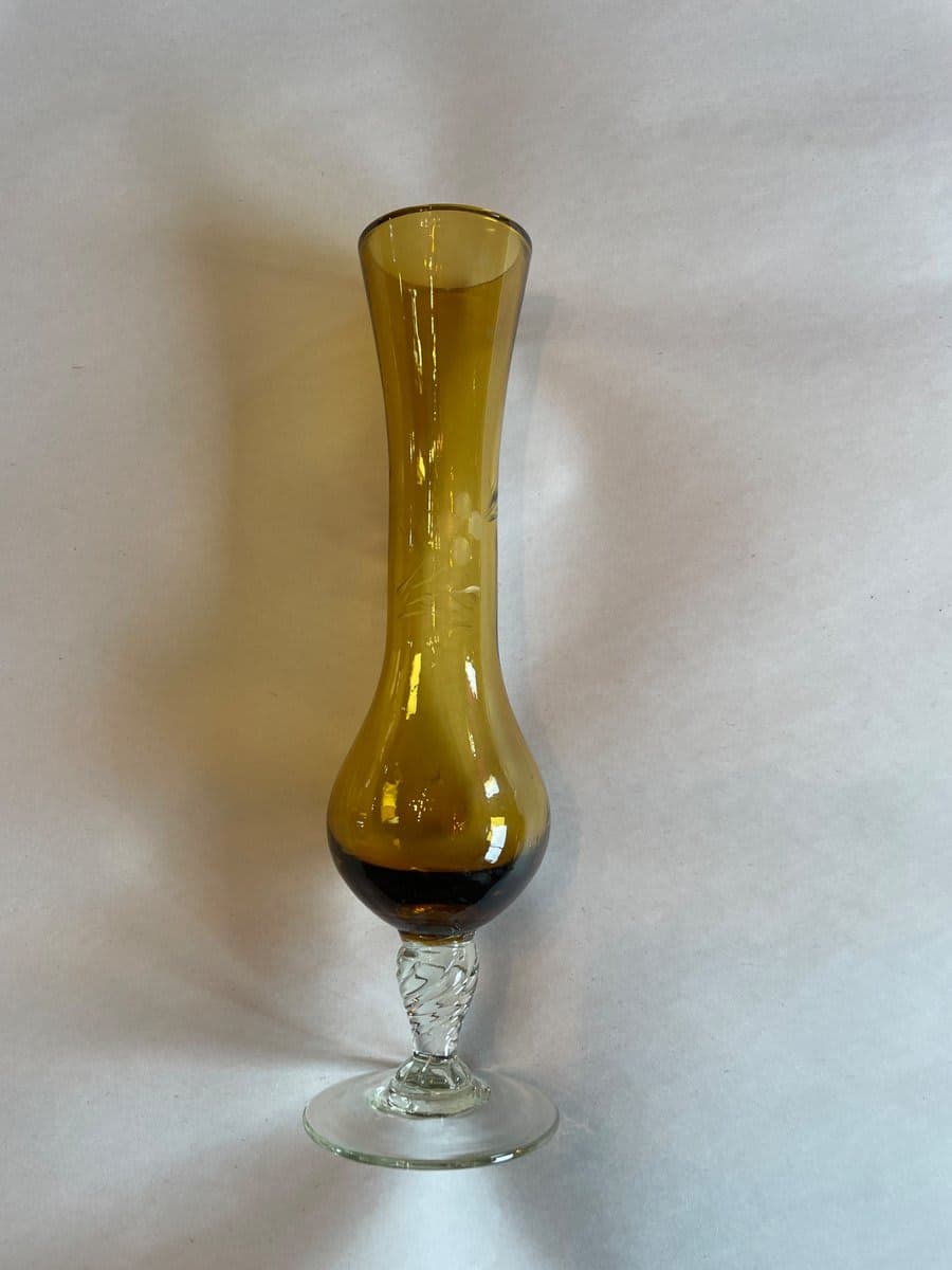 Amber Glass Etched Bud Vase with Twisted Clear Stem