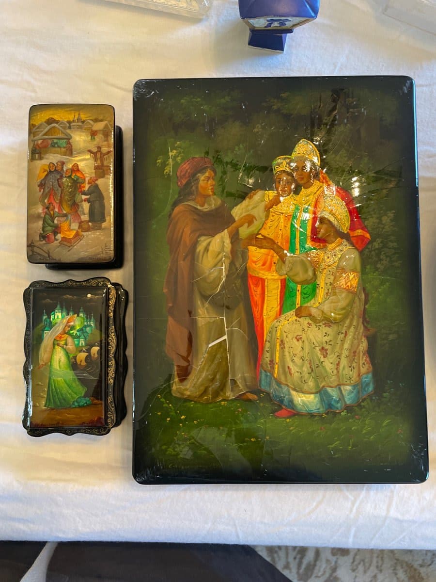Russian Palekh Lacquer Boxes Set of 3 + Large Lacquer Panel - photo 1