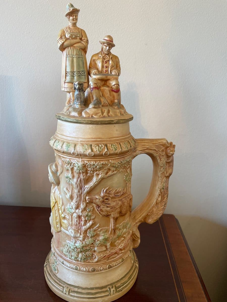 German Hunting Scene Beer Stein with Figural Lid