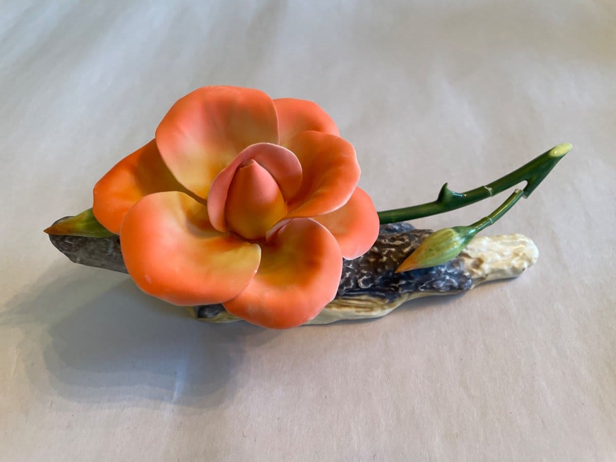 Porcelain Rose Figurine on Driftwood Base