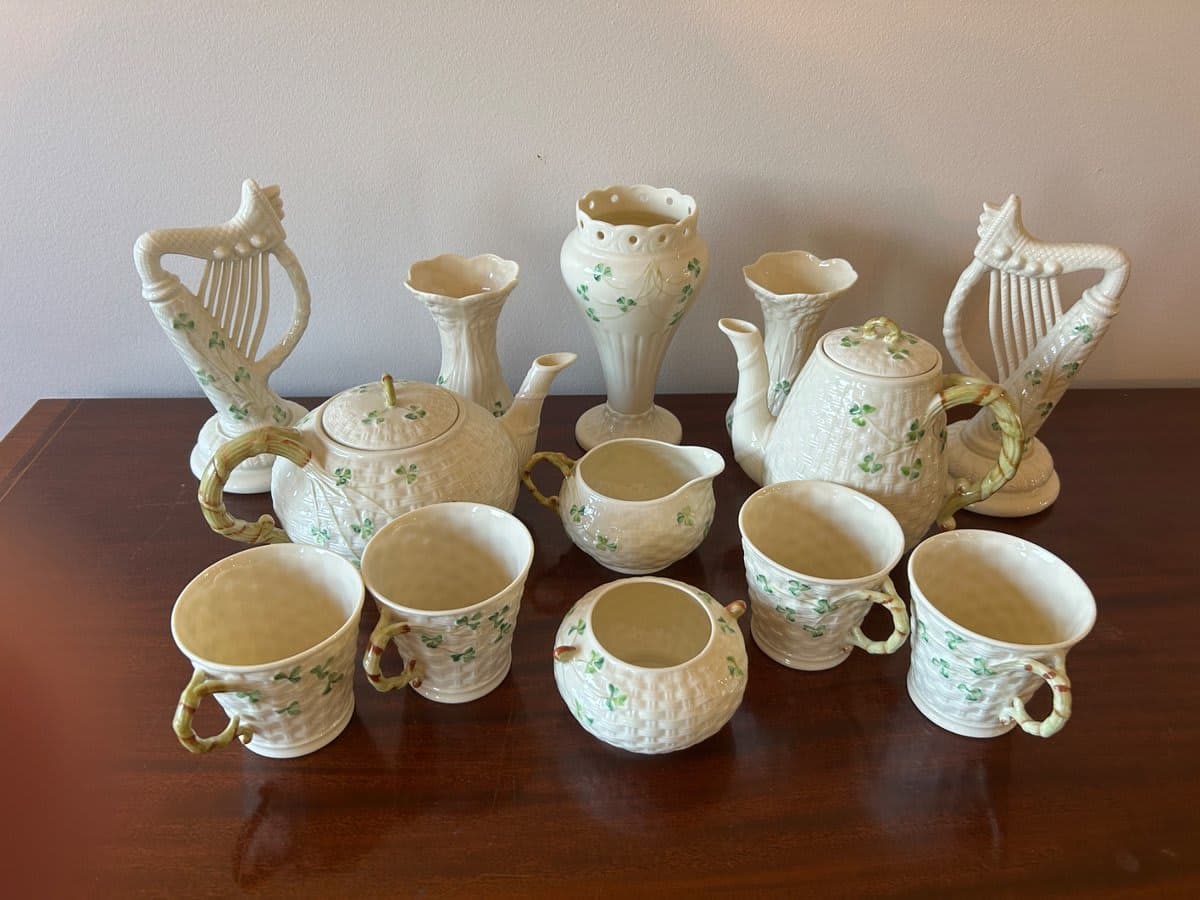 Belleek Irish Porcelain Tea & Coffee Service with Vases and Harp Figurines