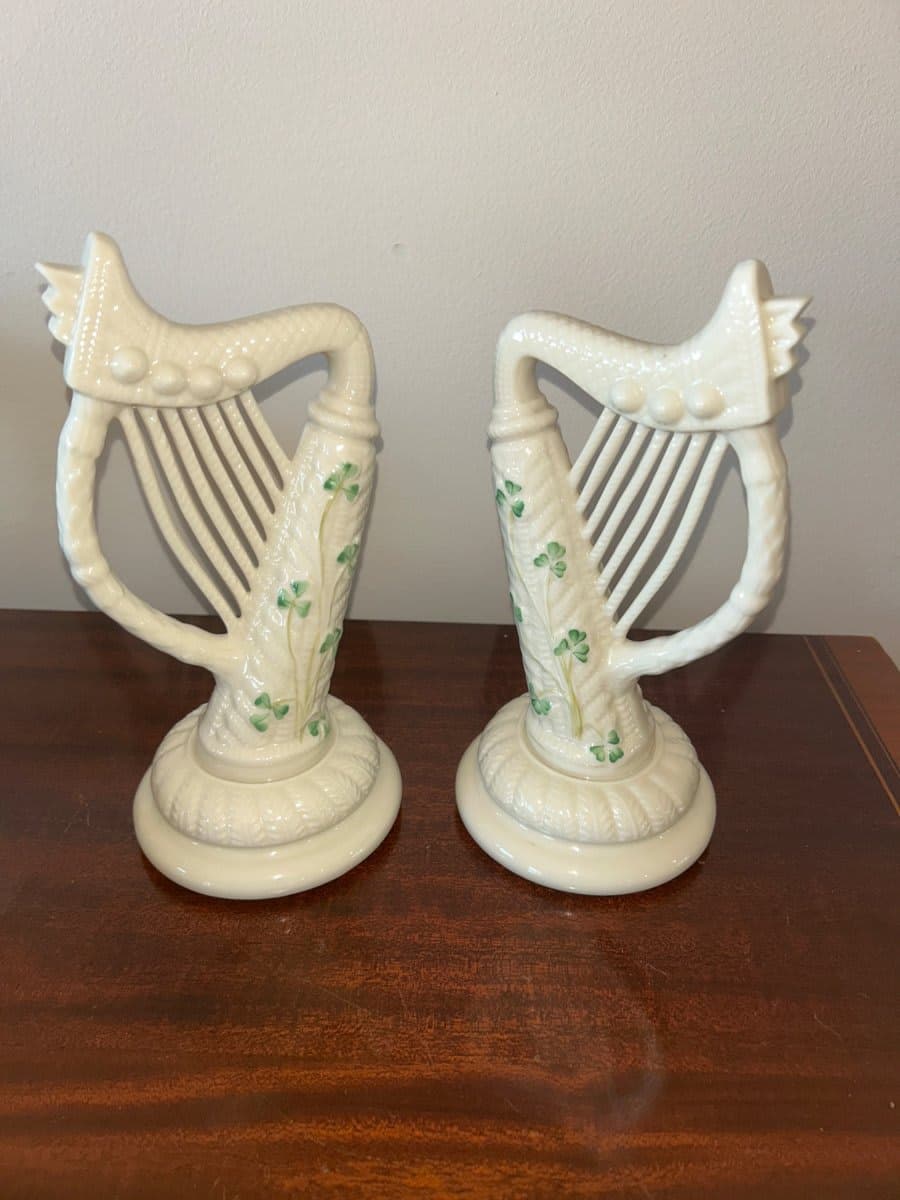 Belleek Irish Porcelain Tea & Coffee Service with Vases and Harp Figurines