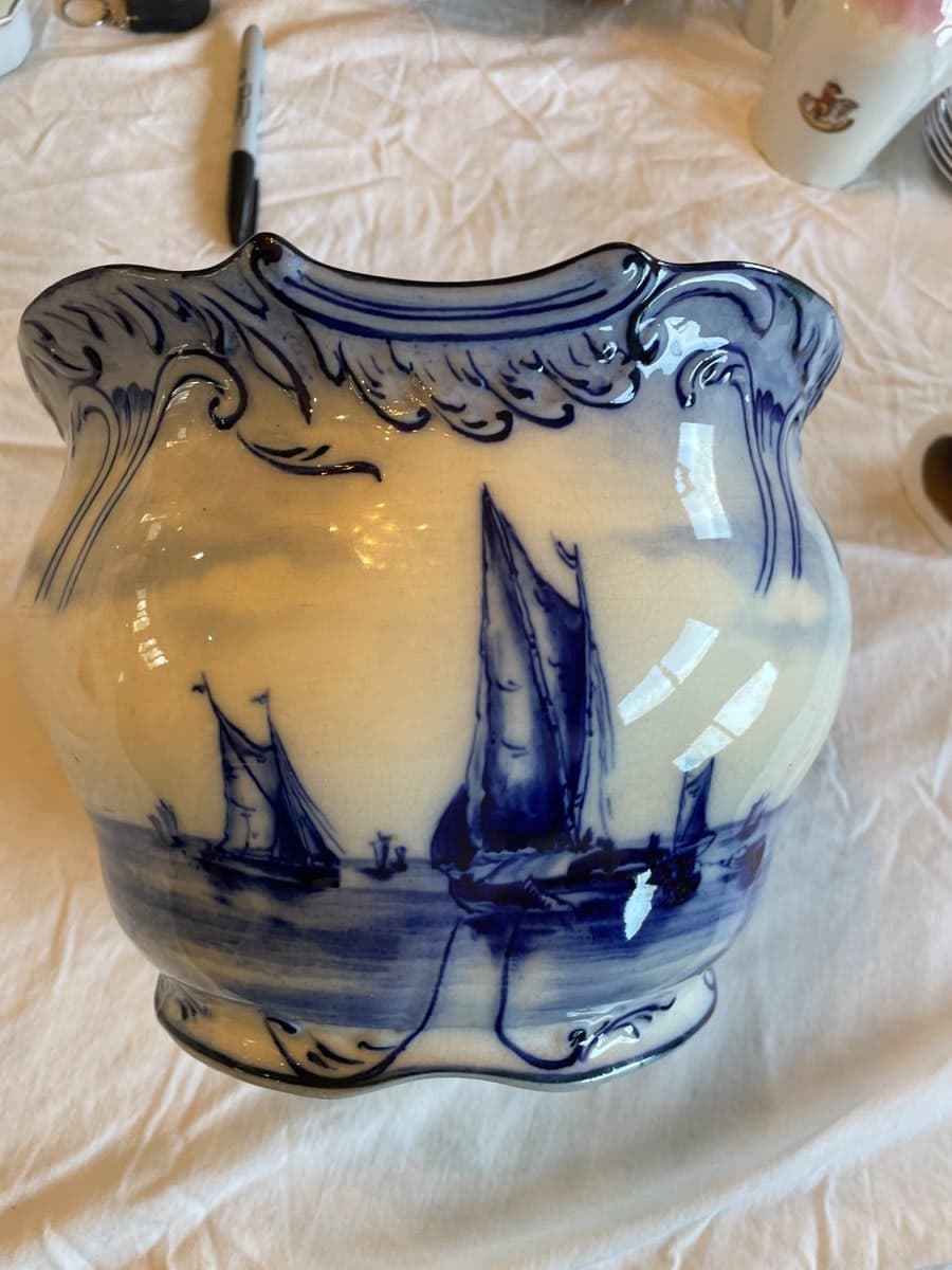 Delft Blue & White Ceramic Vase with Sailing Ships
