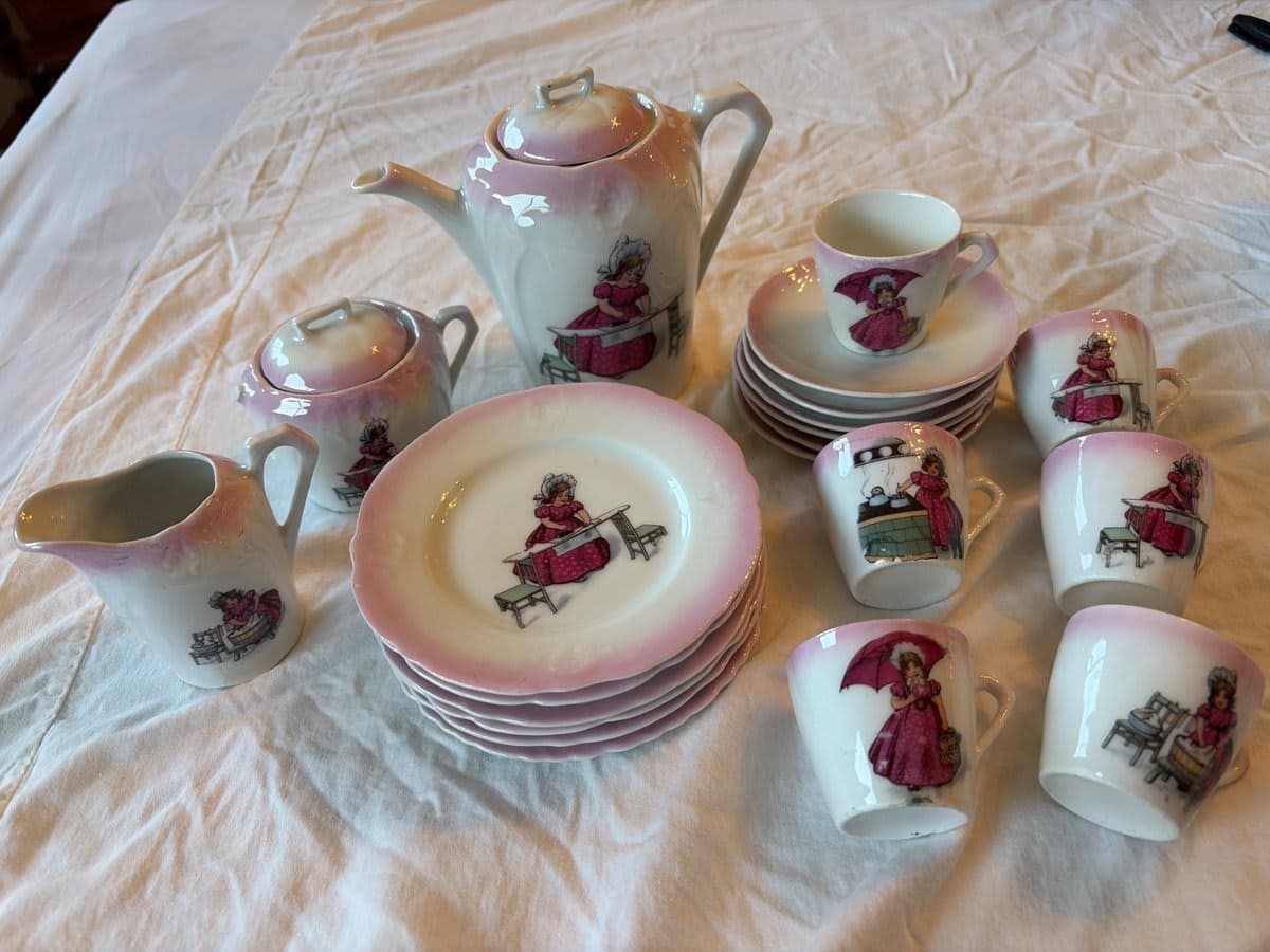 Antique German Porcelain Child's Tea Set with Victorian Girl Motif