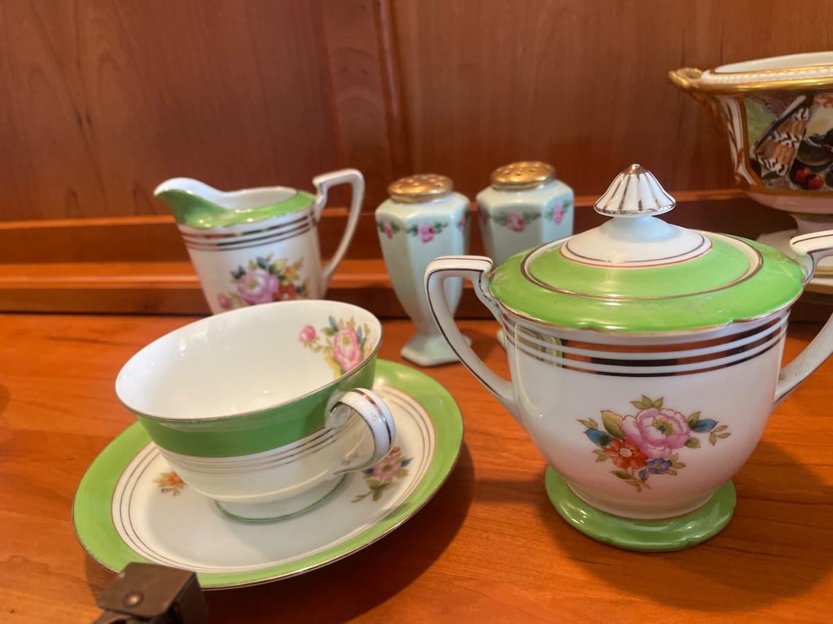 Vintage Green & White Floral Porcelain Tea Set