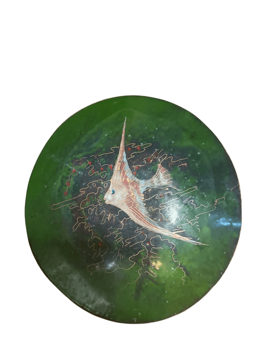 Vintage Enamel on Copper Decorative Plate with Angelfish