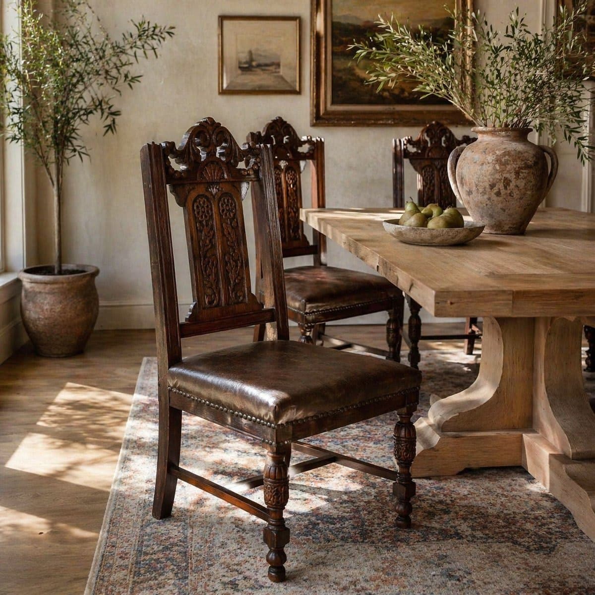 Jacobean - 4 Chairs - Antique Gothic Revival Oak Hall Chair with Leather Seat