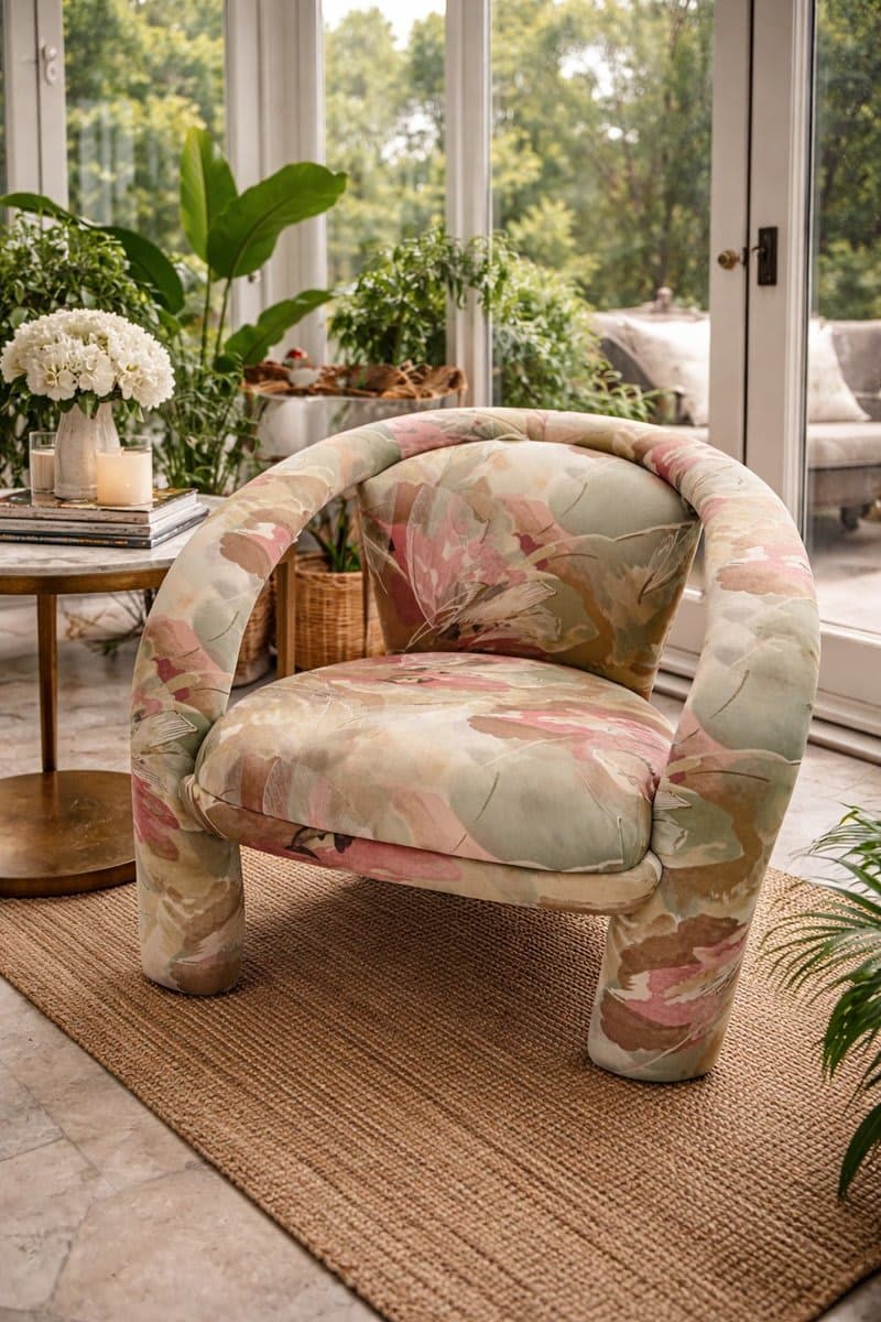 1980s Postmodern Watercolor Floral Upholstered Barrel Chair