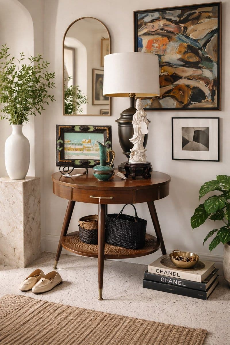 Mersman Mid-Century Modern Walnut Round Entry Table with Shelf - photo 1