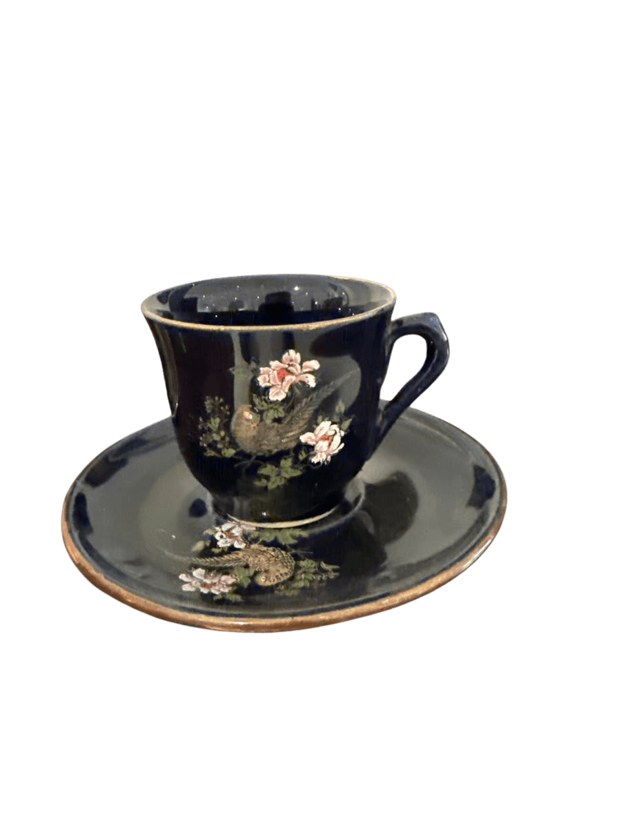 Set of 8 - Cobalt Blue Demitasse Espresso Cup & Saucer Set with Gold Trim and Peacock Motif - photo 1
