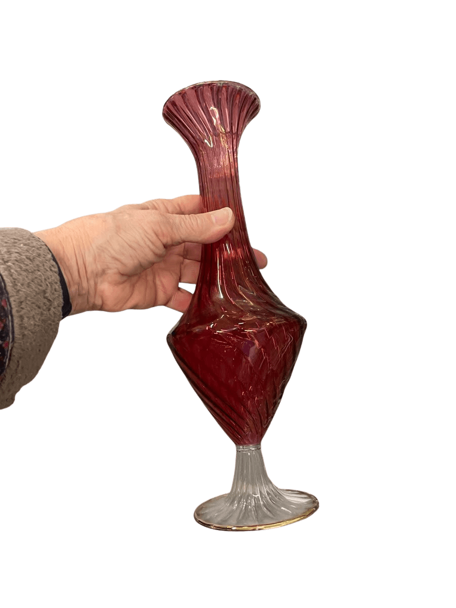 Cranberry Art Glass Footed Bud Vase with Gold Rim