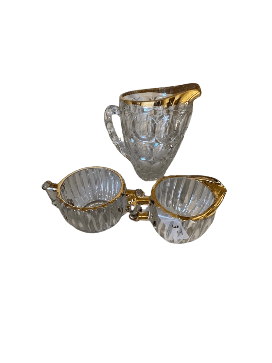 Vintage Crystal Glass Creamer & Sugar Set with Gold Rim - 3 Piece