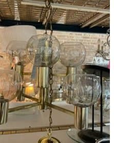 Mid-Century Modern Brass & Smoked Glass Globe Chandelier