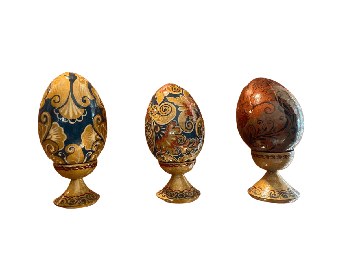 Russian Lacquer Painted Wooden Decorative Eggs on Stands (Set of 3) - photo 1