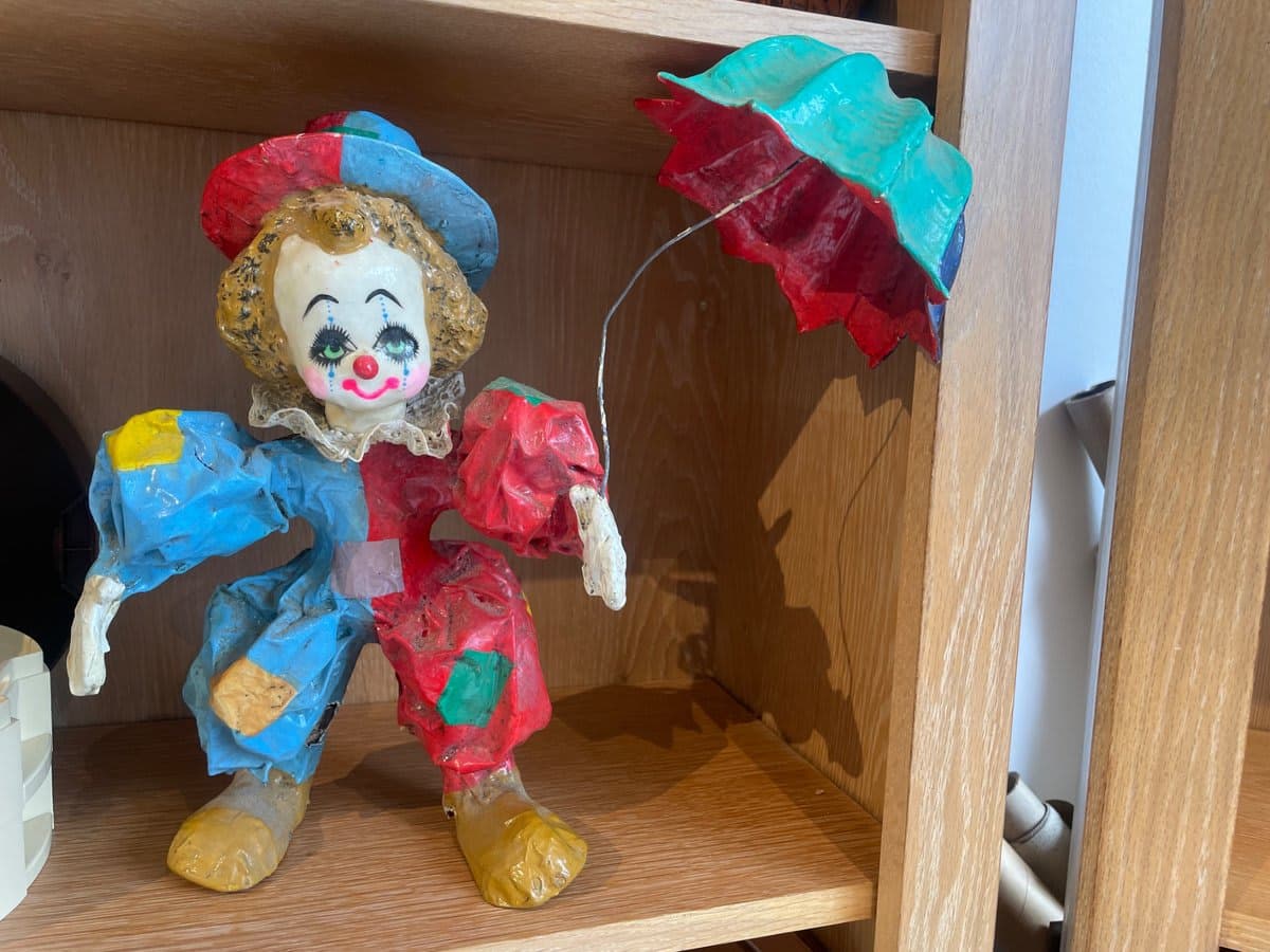 Vintage Paper Mache Clown Figurine with Teal Umbrella - photo 1