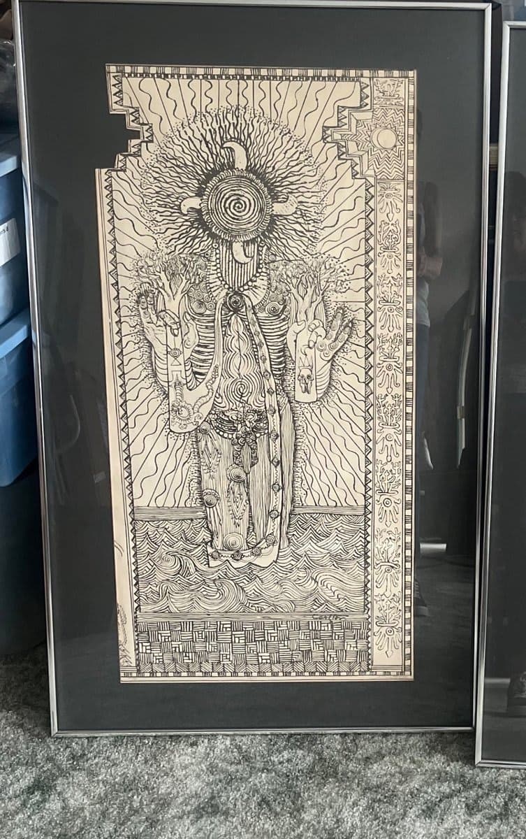 Jack Carlton 1969 Framed Psychedelic Ink Drawing - Deity/Spiritual Figure