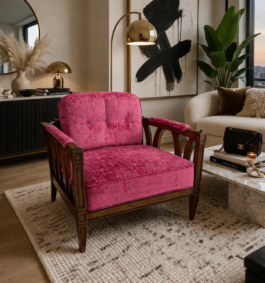 Mid-Century Modern Lounge Chair with Hot Pink Velvet Upholstery