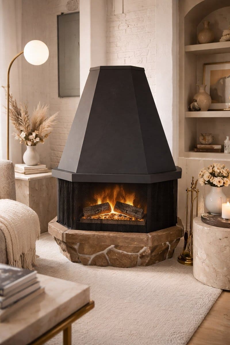 Electric Faux Stone Fireplace Heater with Metal Hood