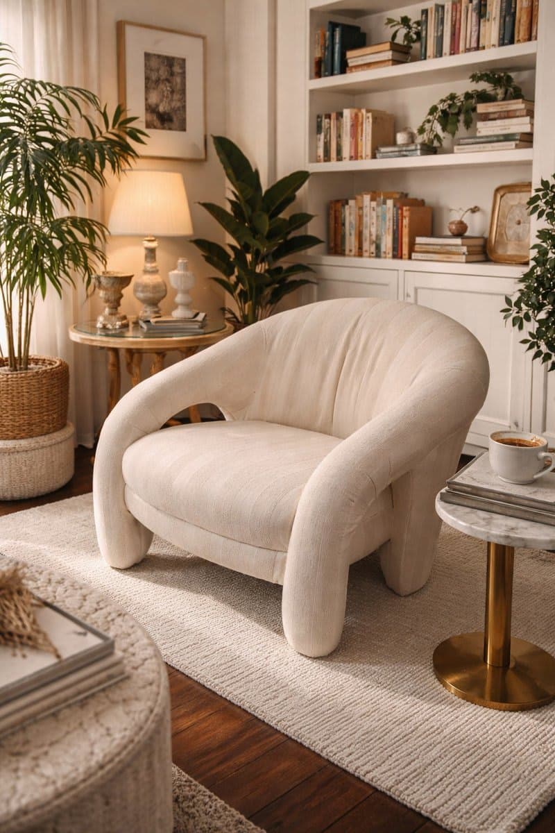 Mid-Century Modern Barrel Club Chair, White Stripe Upholstery