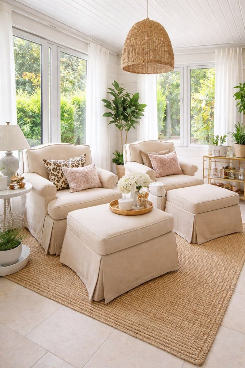 Upholstered Camelback Armchair with Matching Ottoman