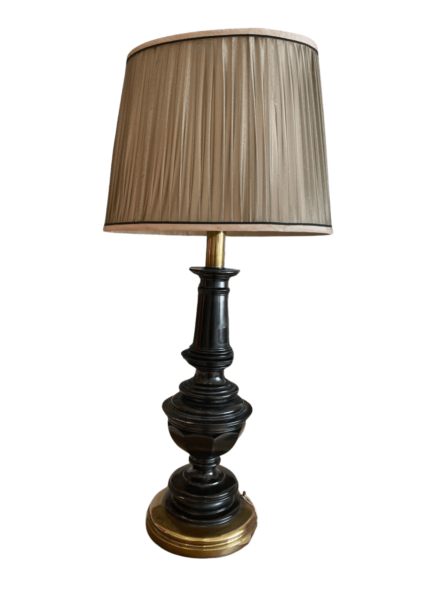 Vintage Black Turned Wood & Brass Table Lamp with Pleated Shade