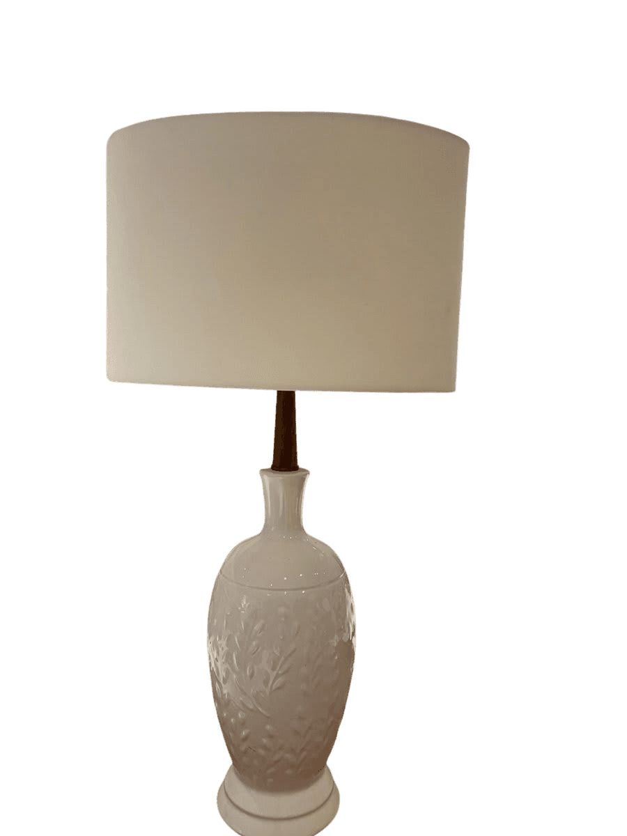 Mid-Century White Ceramic Floral Relief Table Lamp with Walnut Neck