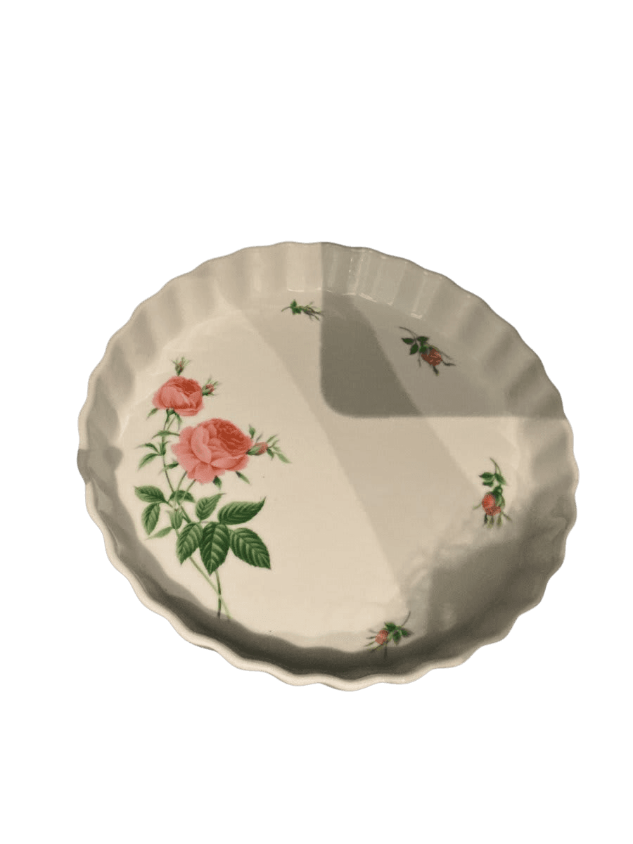 Ceramic Fluted Quiche/Tart Dish with Pink Rose Pattern