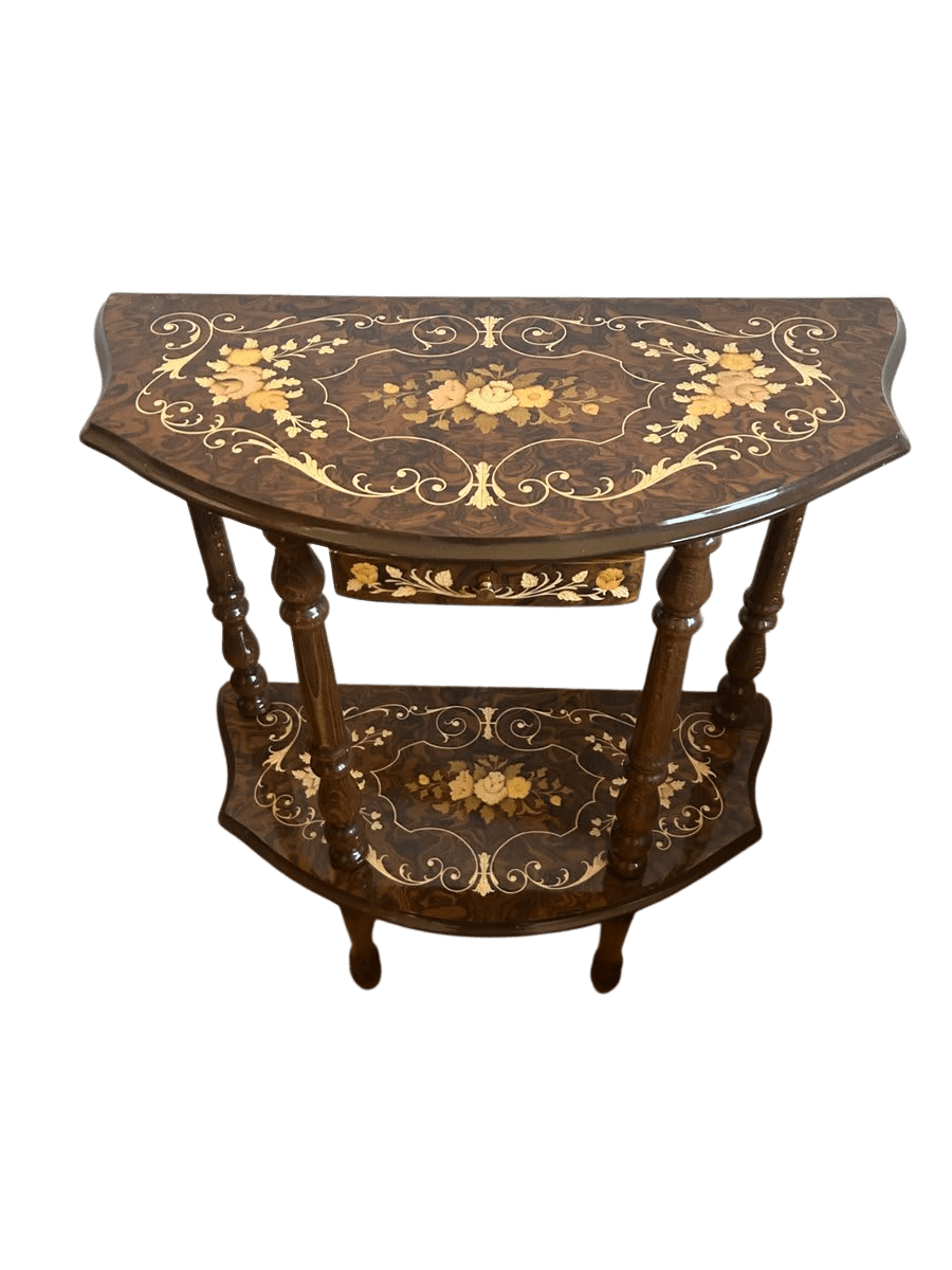 Italian Marquetry Inlaid Demilune Console Table with Lower Shelf