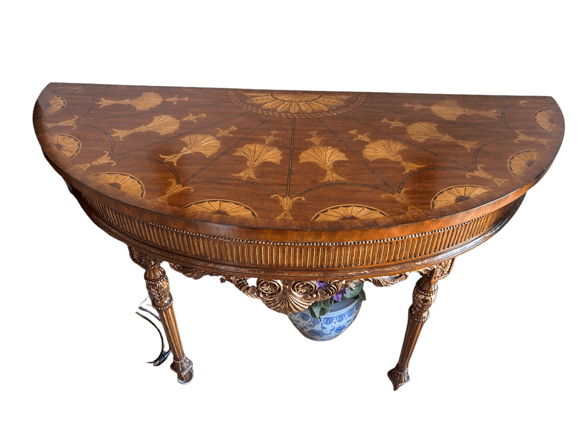 Antique Demilune Console Table with Marquetry Inlay & Gilt Legs
