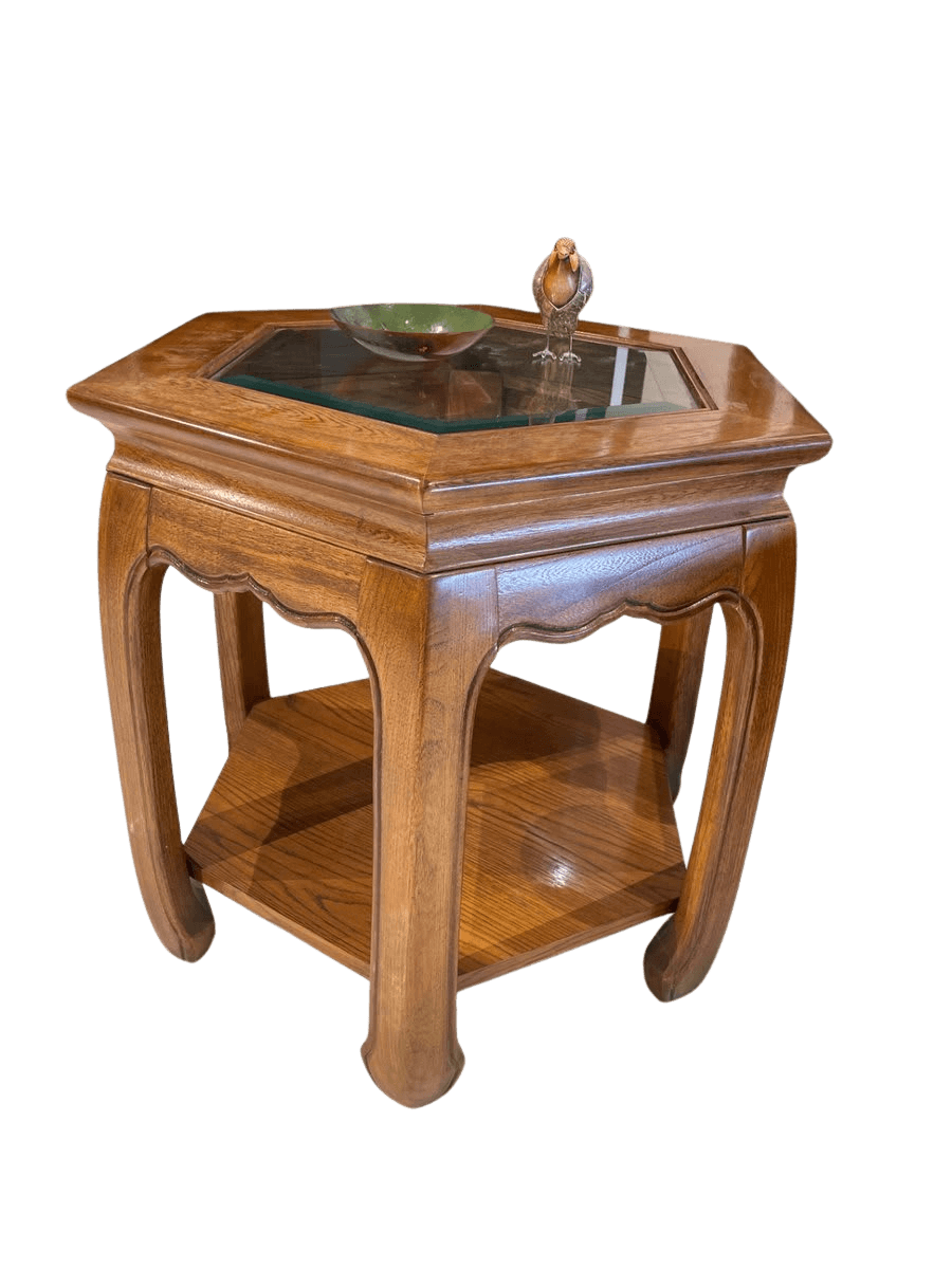 Heckman Hexagonal Oak End Table with Glass Insert
