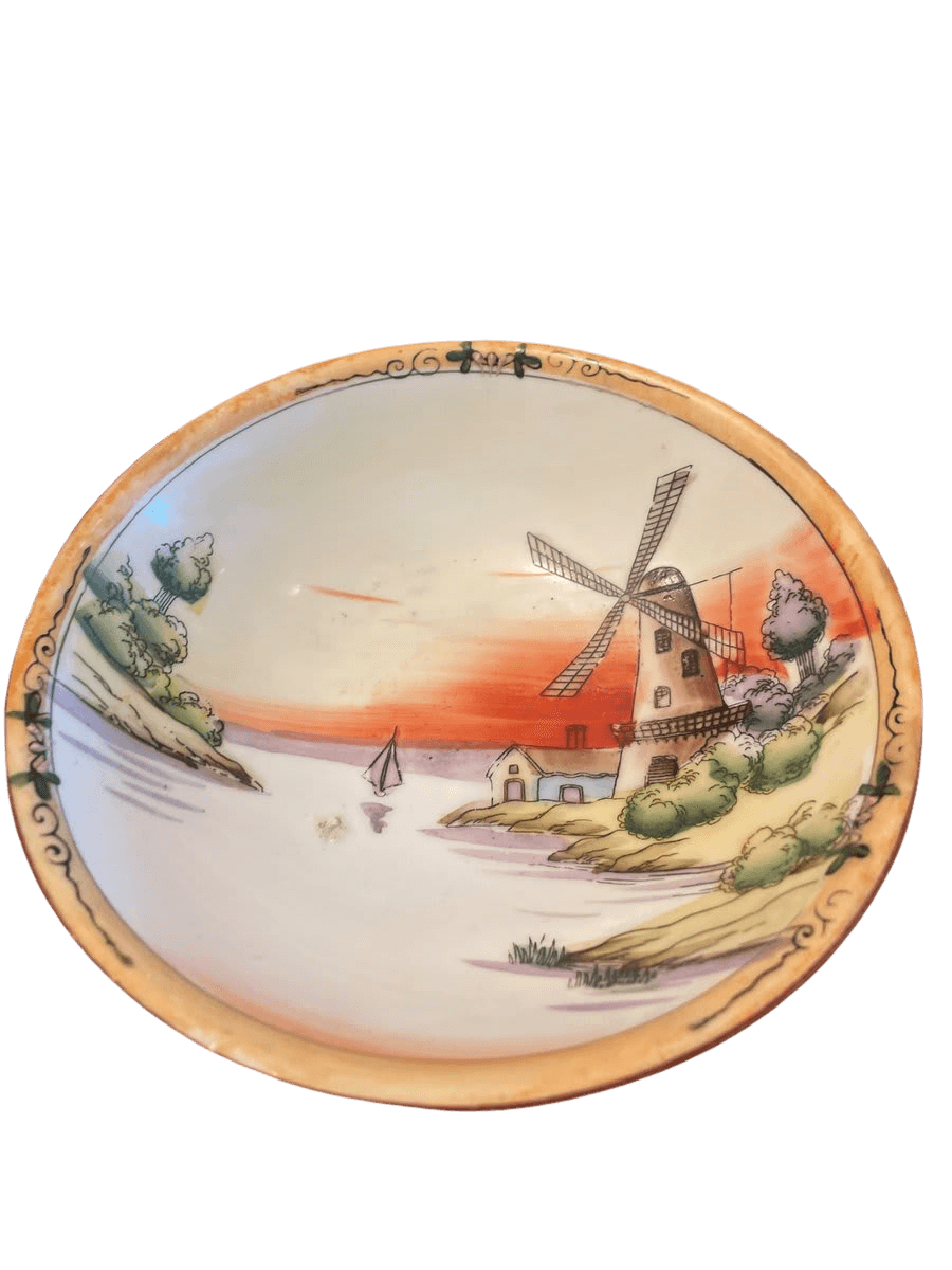 Antique Hand-Painted Porcelain Bowl with Windmill Scene