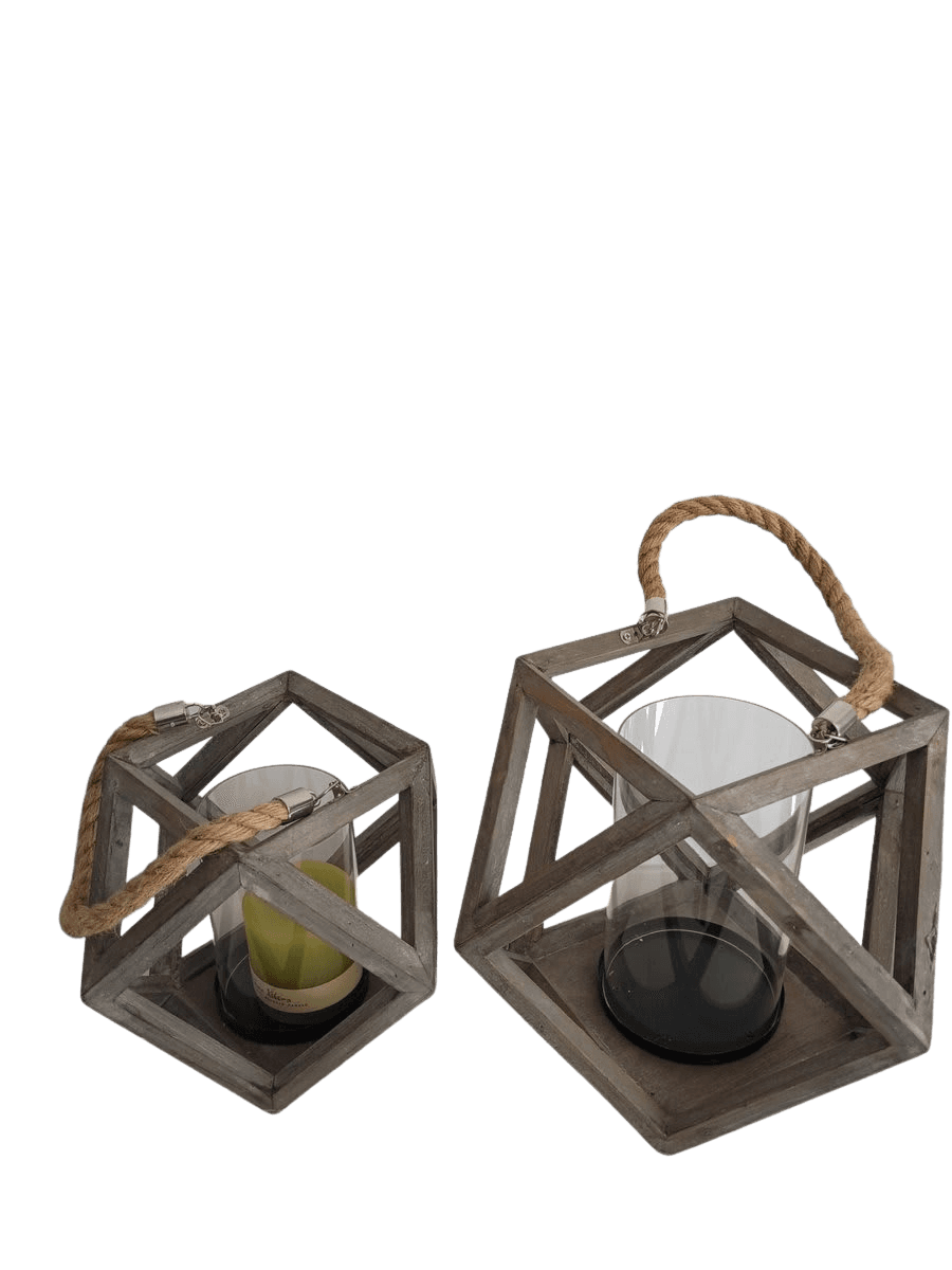 Geometric Wood & Glass Candle Lantern Set (2) - photo 1