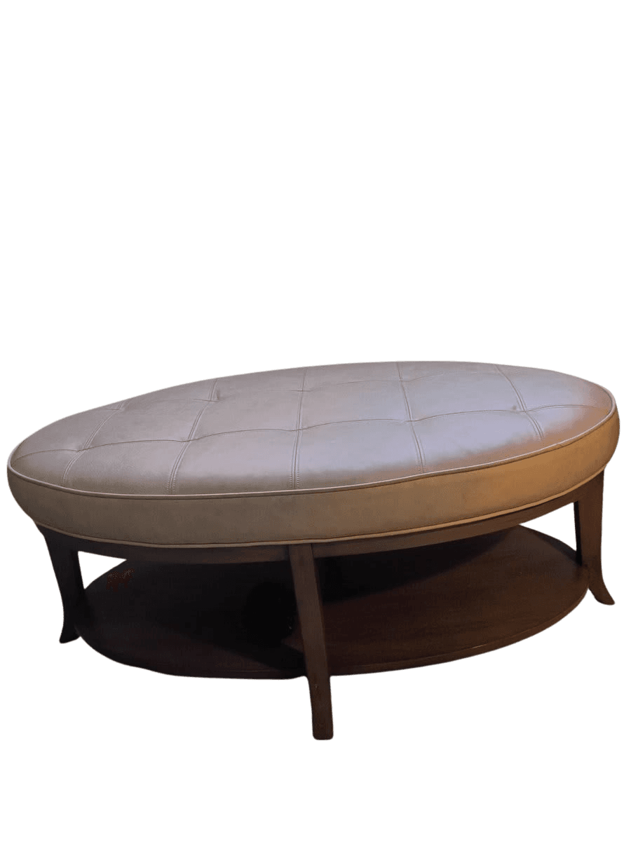 Oval Tufted Leather Ottoman with Wood Base & Shelf - photo 1