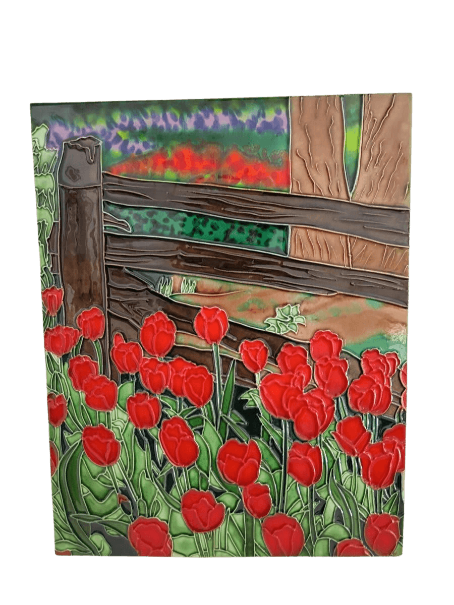 Ceramic Art Tile Red Tulips Fence Garden Scene - photo 1