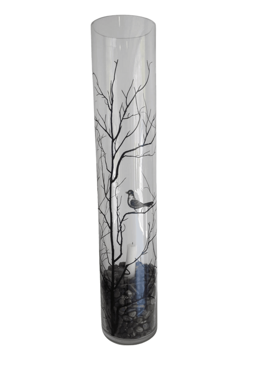 Tall Cylinder Glass Vase with Bird & Tree Decal, Candle & River Rock - photo 1