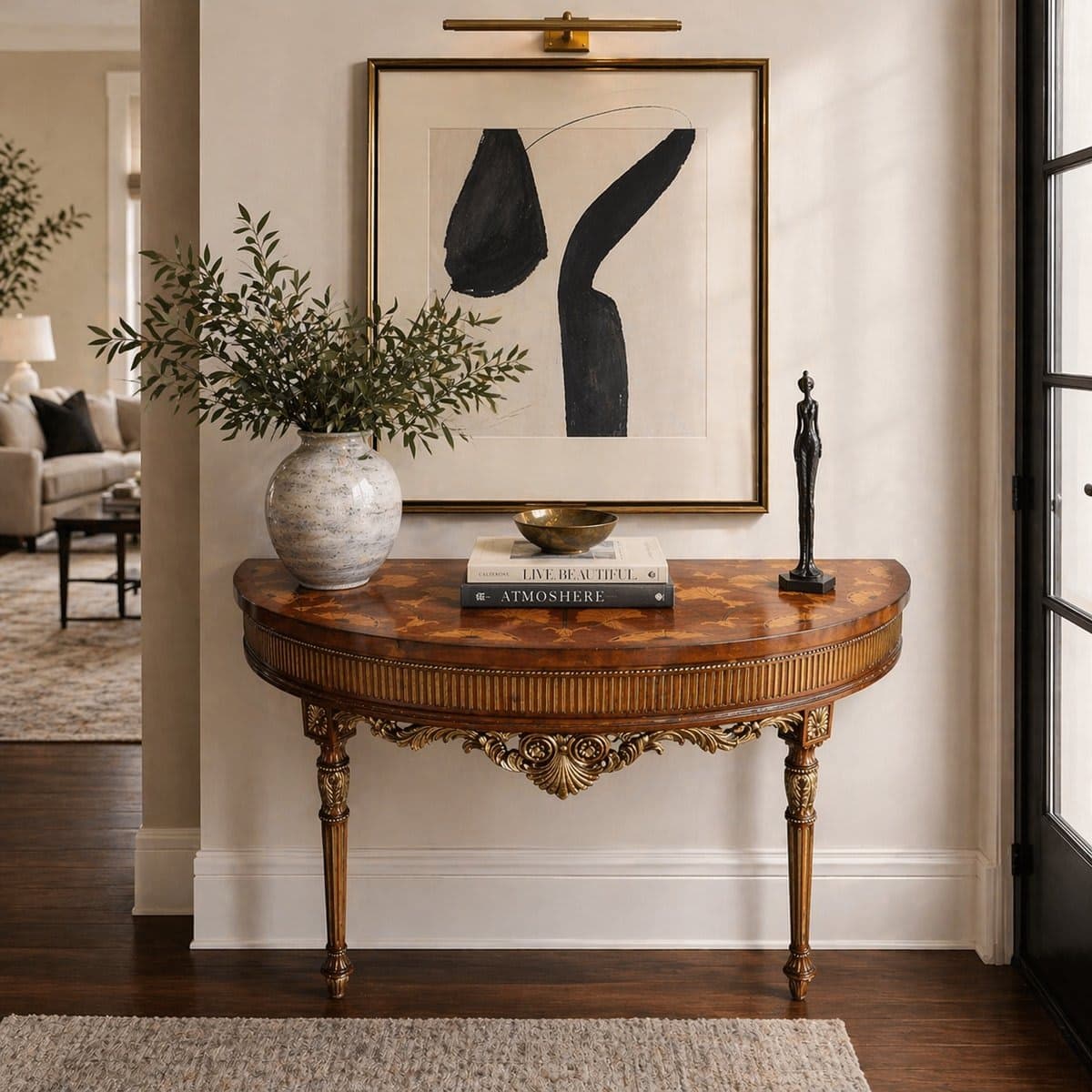 Antique Demilune Console Table with Marquetry Inlay & Gilt Legs - photo 1